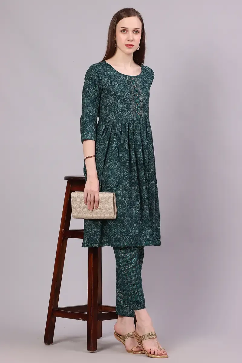 Cotton Blend Printed Kurti with Pant Set for Women  018581LTEA