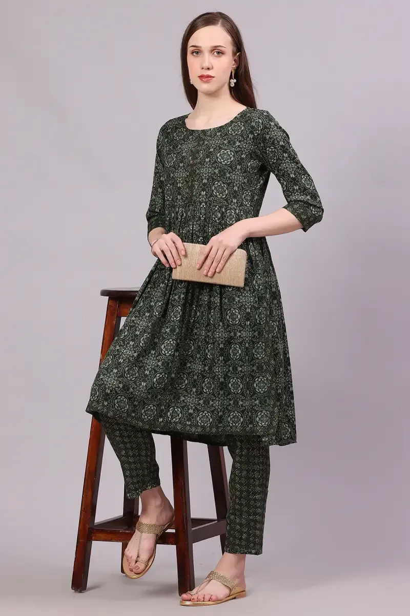 Cotton Blend Printed Kurti with Pant Set for Women  018581MGRE