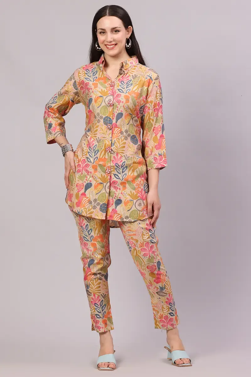 Polyester Botanical Printed Co-ord Set For Women 018599BEIXXL