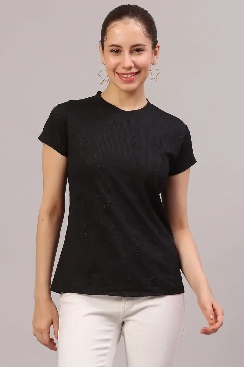 Lycra Embossed T-Shirt for Women 018615LBLA