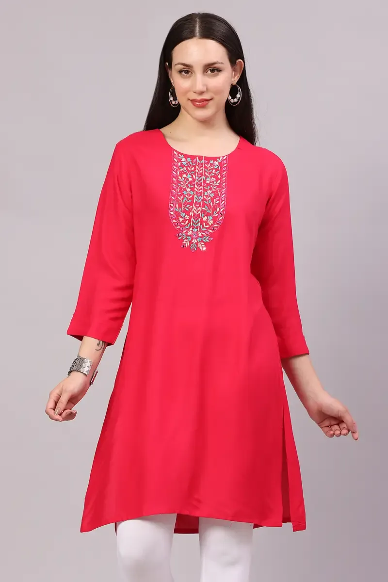 Rayon Embroidered Kurti for Women 018722XXLPIN - Pink kurti - XXL kurti