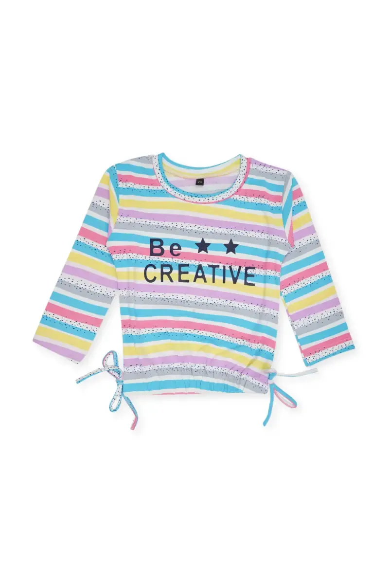 Girl' s Striped Cotton Lycra T-Shirt 01873478YRSMUL