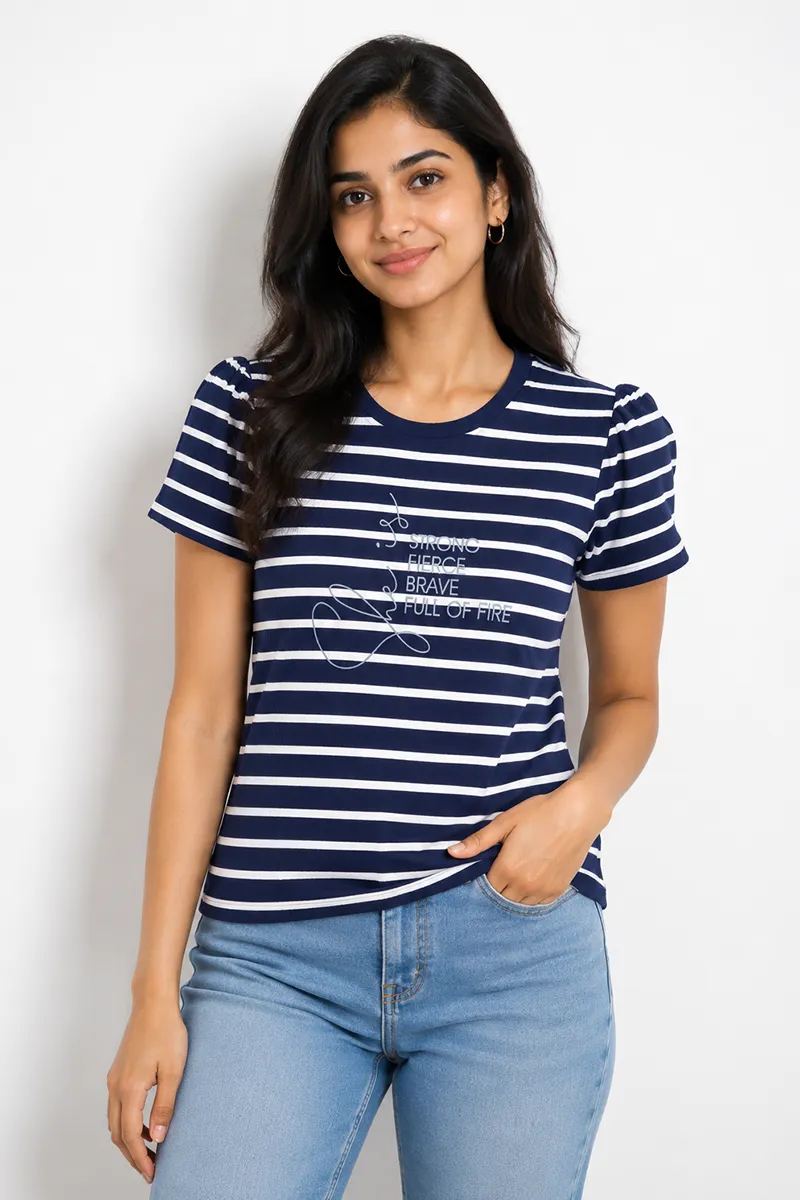 Corduroy Striped T-Shirt for Women 018756XLNAVBLU