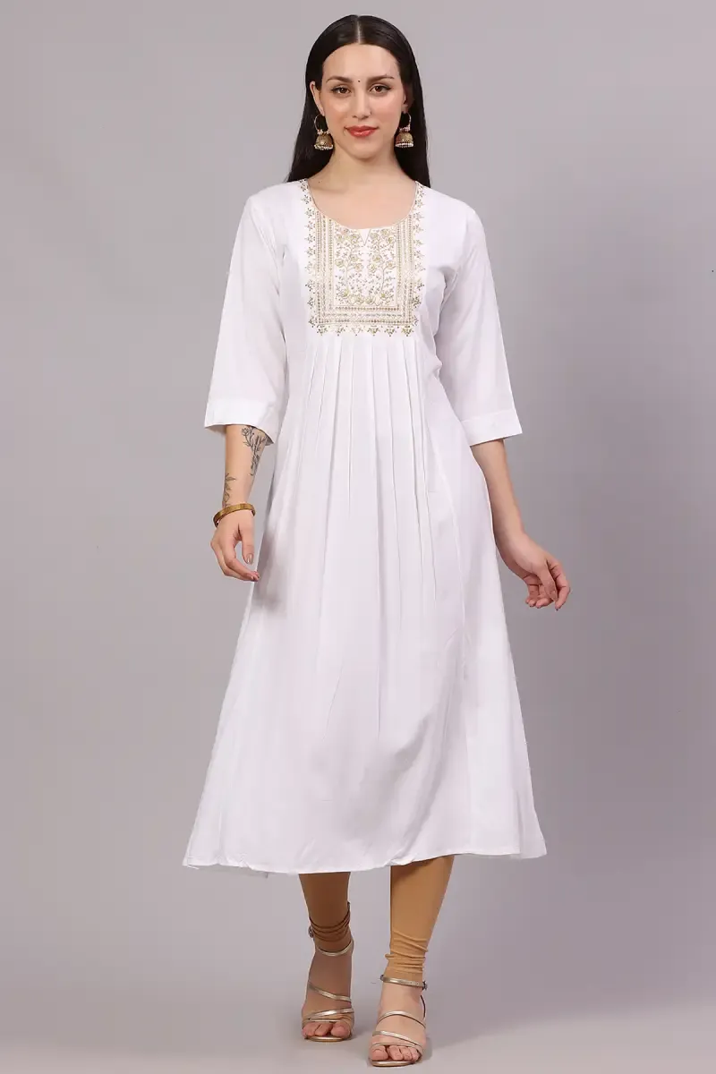 Rayon Embroidered Kurta for Women 018757XXLWHI - White kurti - XXL
