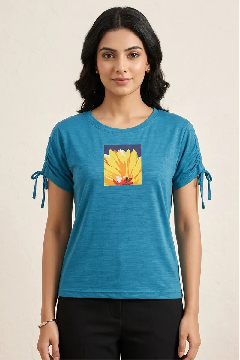 Lycra Graphic Printed T-Shirt for Women 018759XLTEABLU