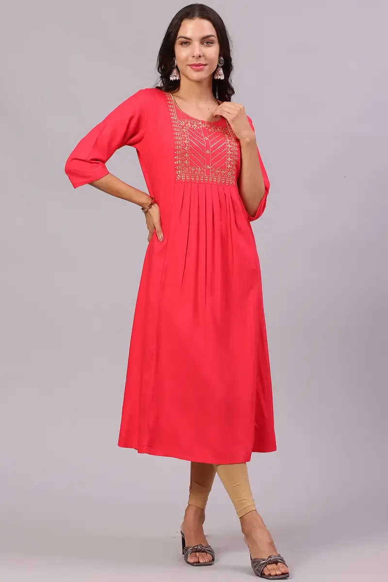 Rayon Sequined Kurta for Women 018772XXLPIN - Pink kurti - XXL kurti