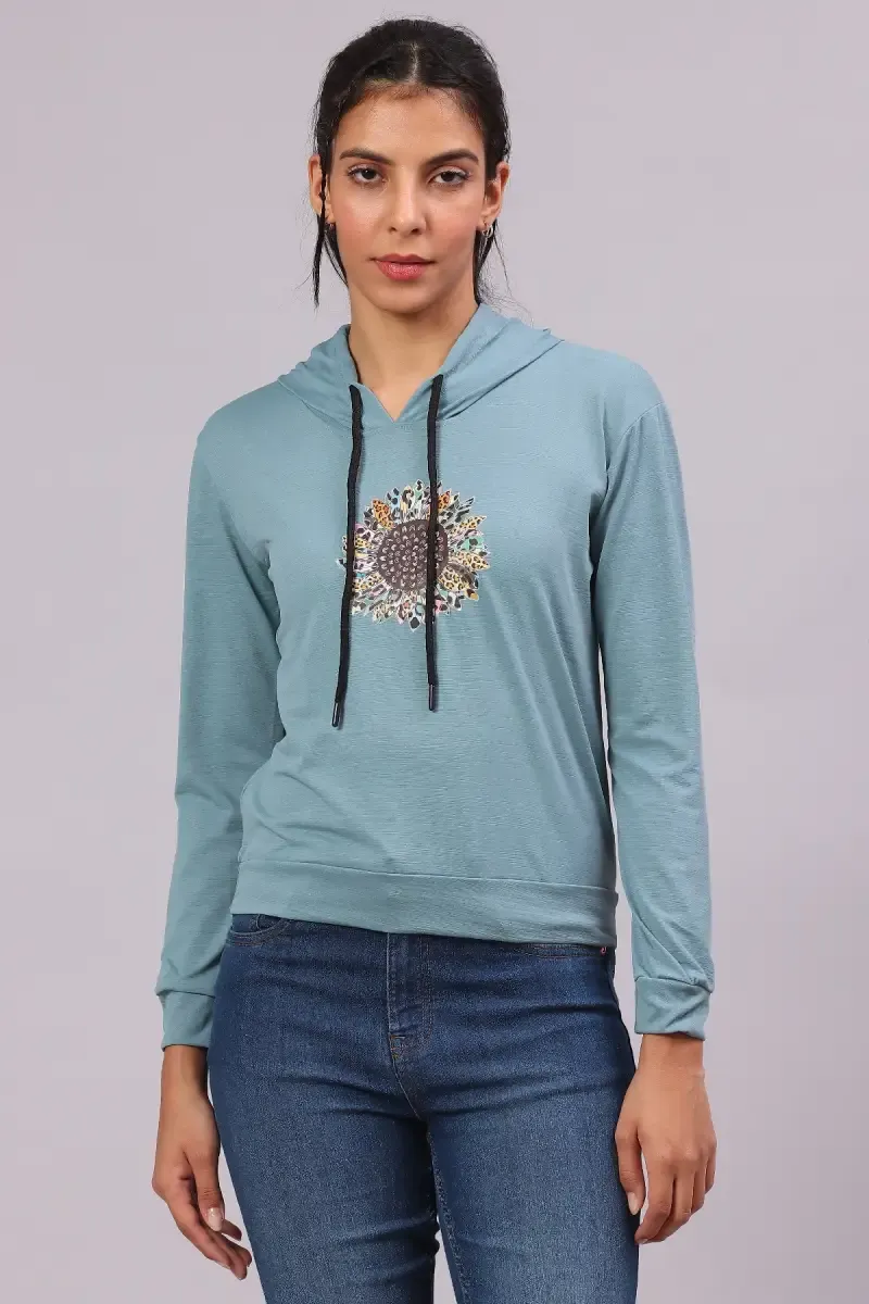 Lycra Printed Hoodie for Women 018777BLUGREXL