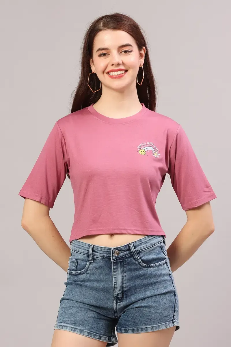 Cotton Lycra Solid with Placement Print T-Shirt for Women 018800LDUSPIN