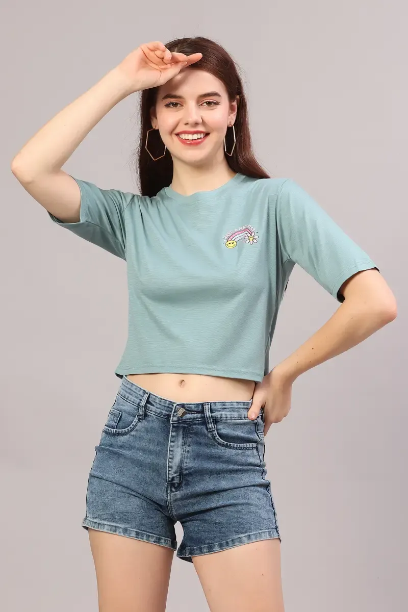 Cotton Lycra Solid with Placement Print T-Shirt for Women 018800LGRE