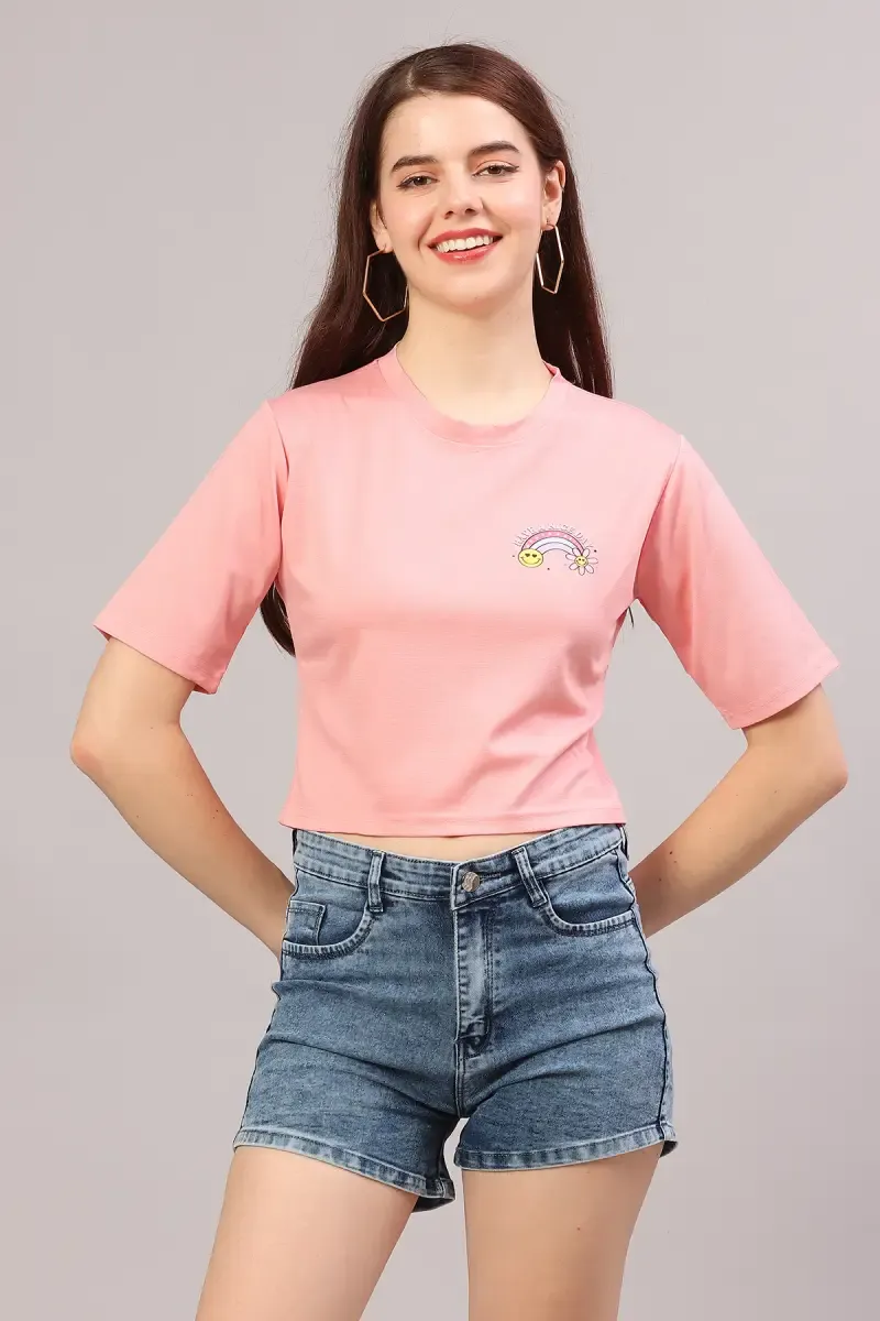 Cotton Lycra Solid with Placement Print T-Shirt for Women 018800LPEA