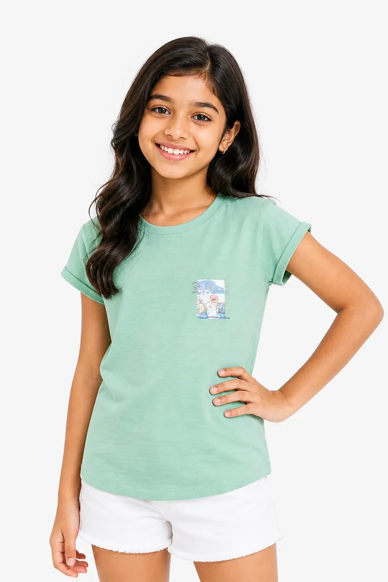 Girl's Cotton Lycra Printed T-shirt 0188071314YRSGRE