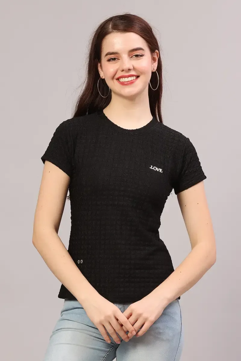 Cotton Lycra Self Design T-Shirt for Women 018820LBLA