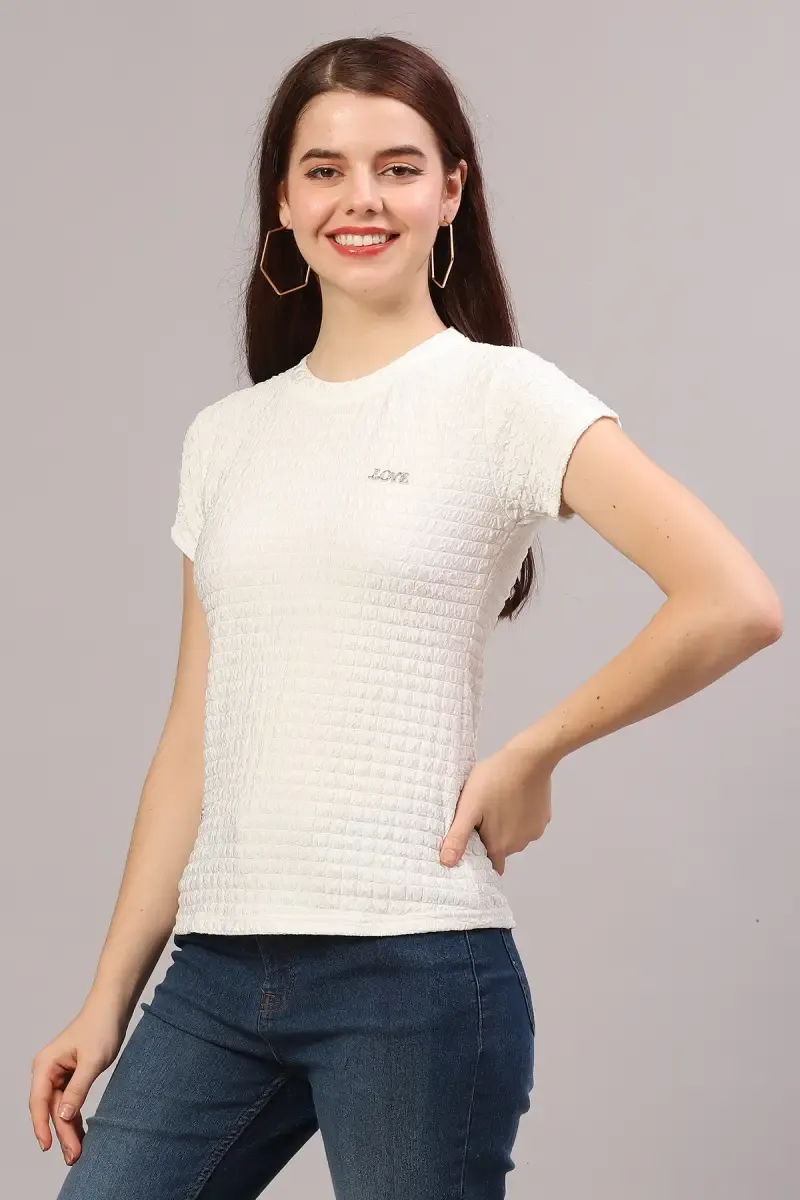 Cotton Lycra Self Design T-Shirt for Women 018820XLWHI