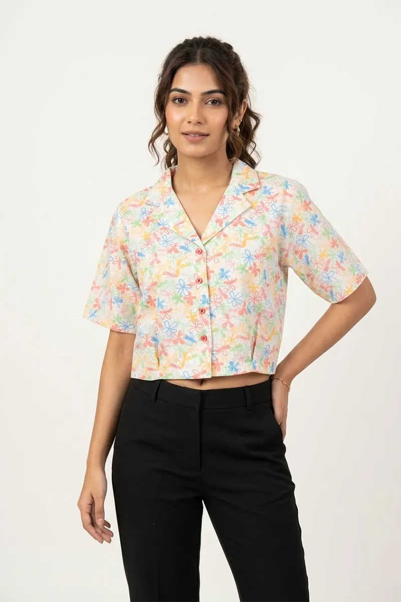 Cotton Floral Printed Shirt for Women 018830LWHI2