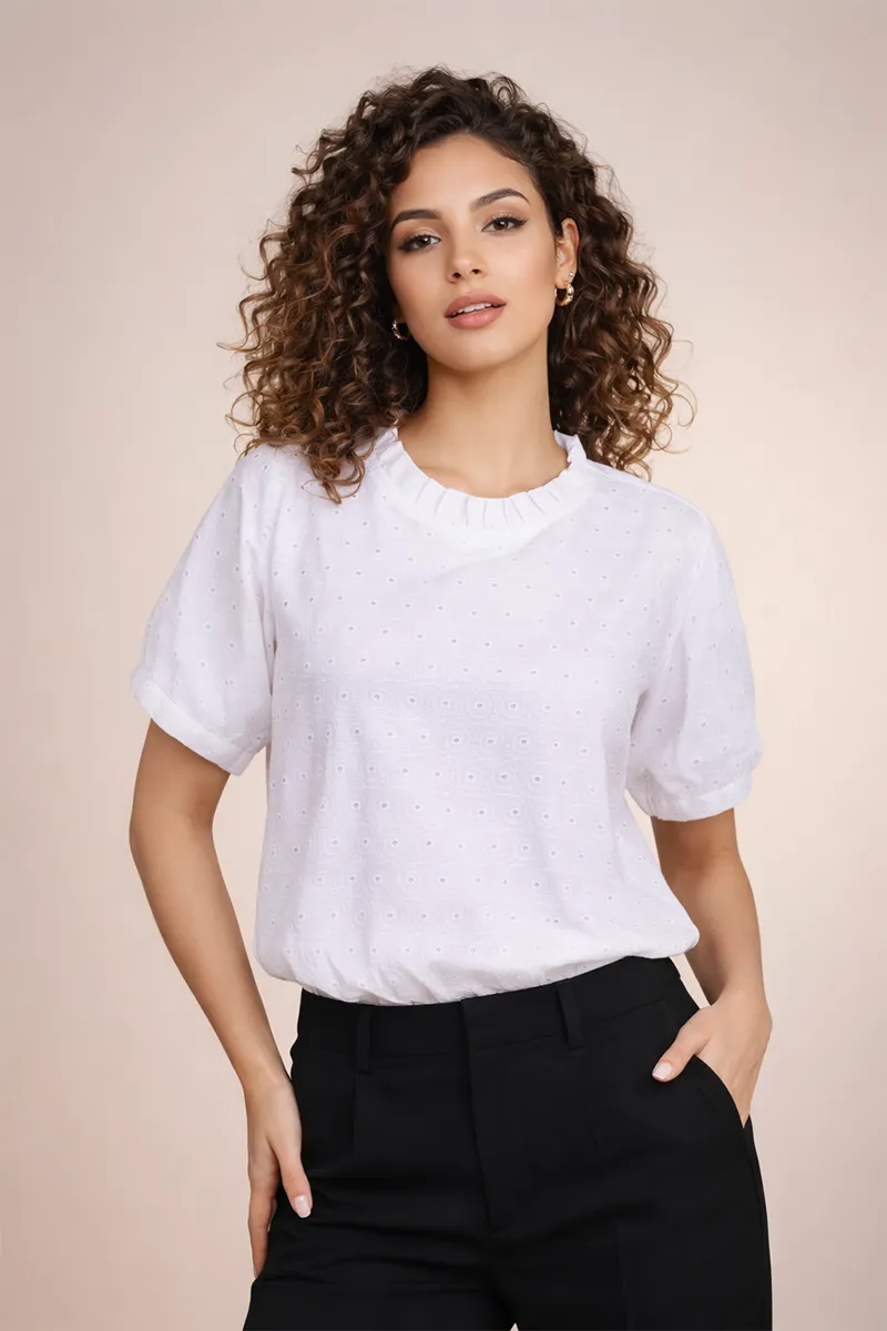 Cotton Solid Self Design Top for Women 018865XLWHI