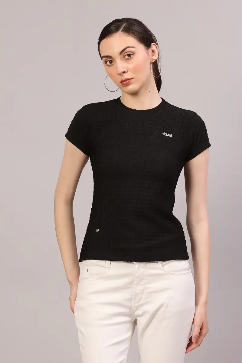 Cotton Lycra Self Design T-Shirt for Women 018867XLBLA