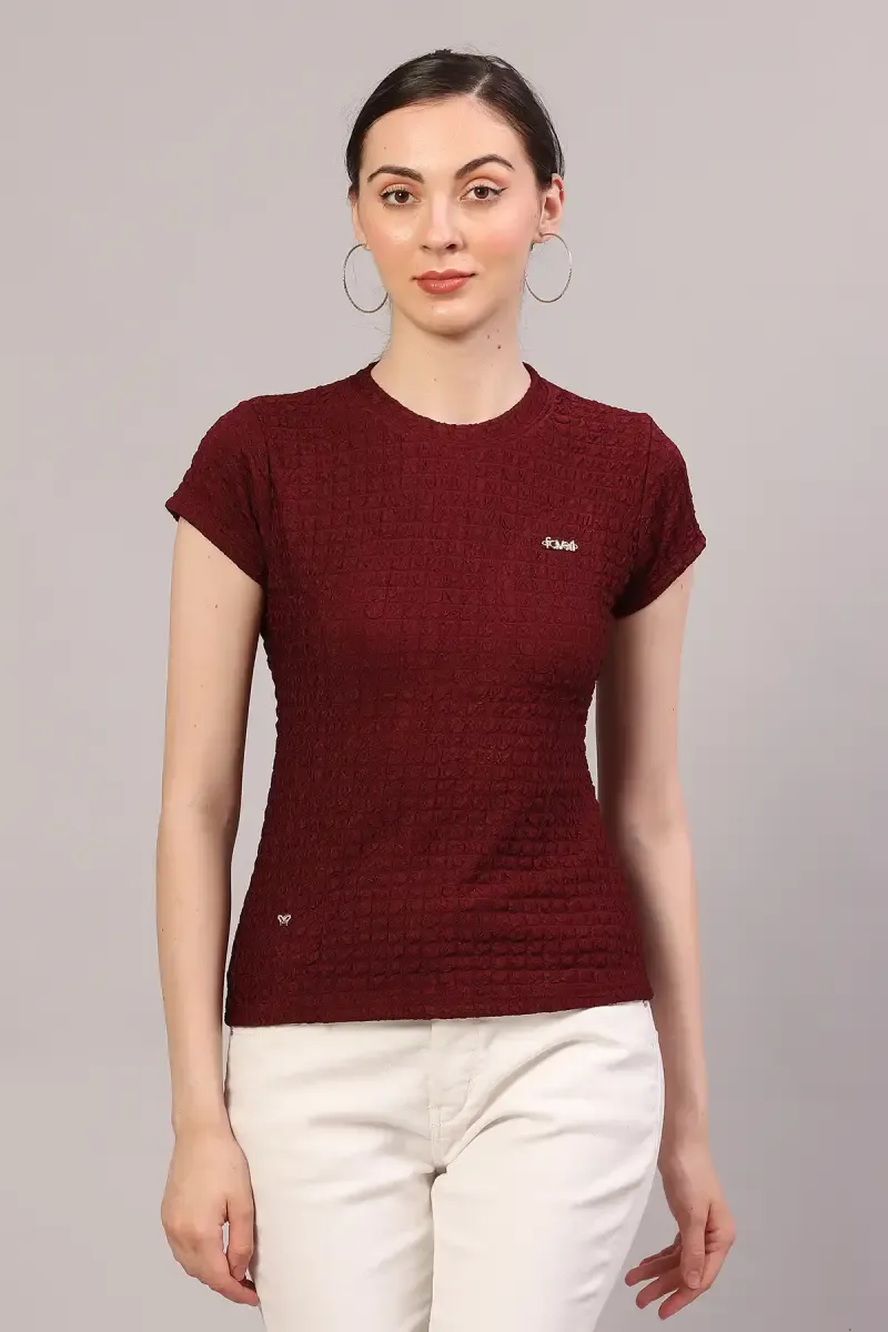 Cotton Lycra Self Design T-Shirt for Women 018867XLMAR