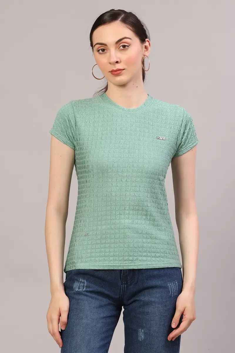 Cotton Lycra Self Design T-Shirt for Women 018867XLGRE