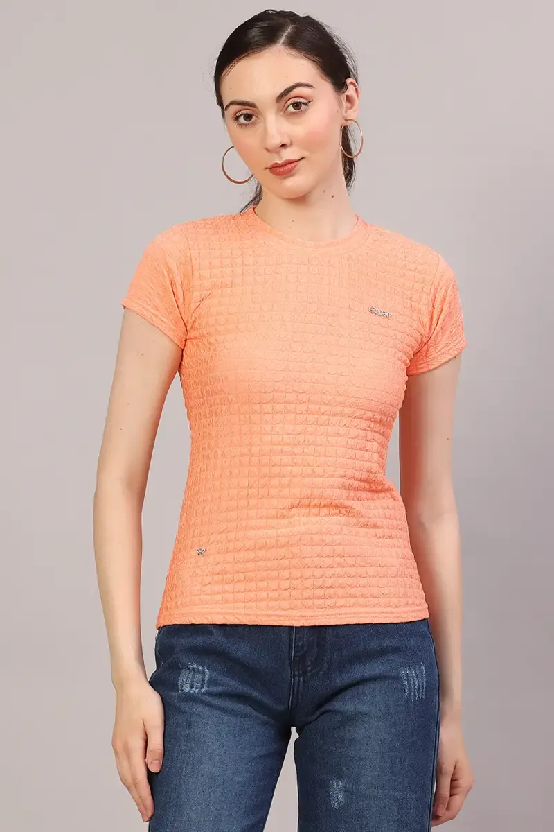Cotton Lycra Self Design T-Shirt for Women 018867XLCOR