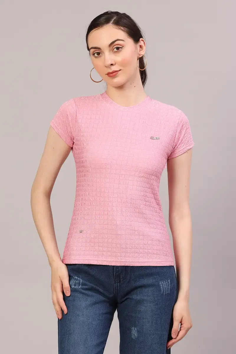 Cotton Lycra Self Design T-Shirt for Women 018867XLPIN