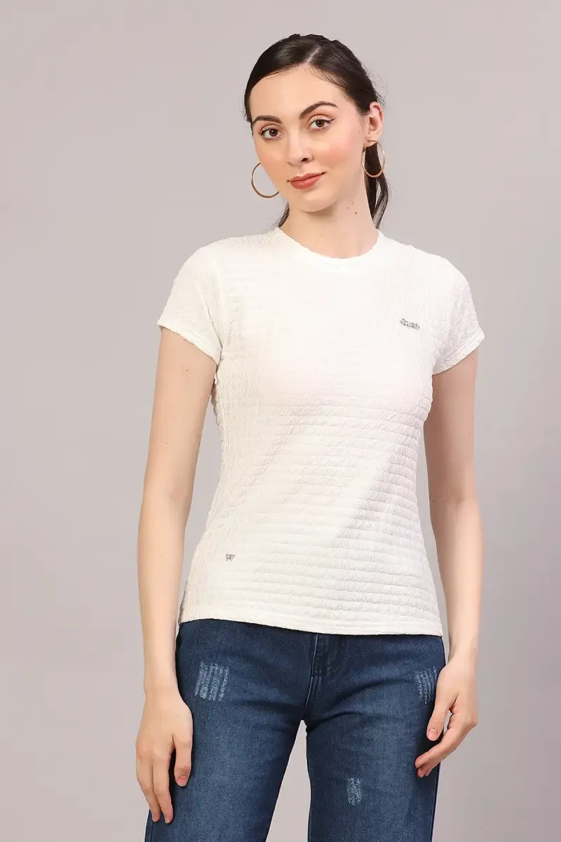 Cotton Lycra Self Design T-Shirt for Women 018867XXLWHI