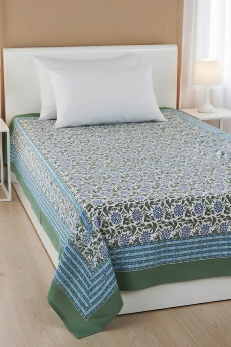 Shubh Rung Cotton Floral Printed Single Bedsheet 01887763X90INCGRE&BLU