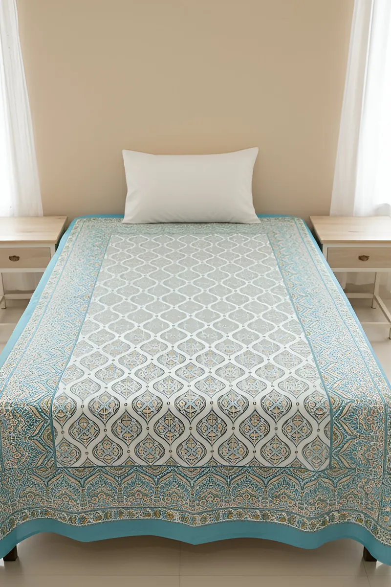 Shubh Rung Cotton Floral Printed Single Bedsheet 01888063X90INCSKYBLU&WHI