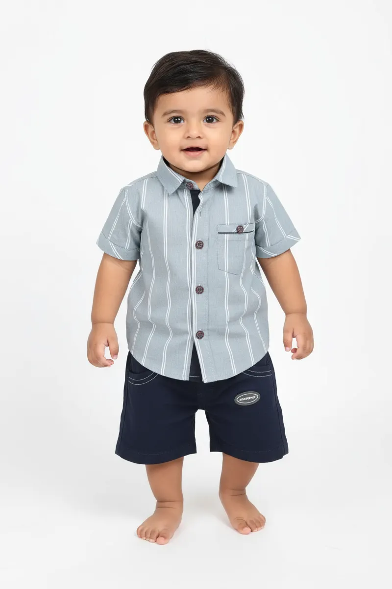 Cotton Printed Shirt with Shorts for Just Born Boy (2-Pcs Set) 018971BLU&DARBLU612