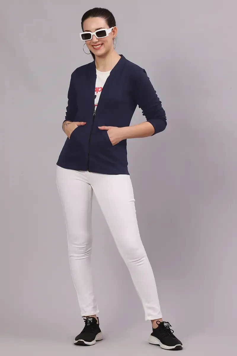 Cotton Blend Solid Sweat Shirt with Pocket for Women 019121NAVBLUXXL
