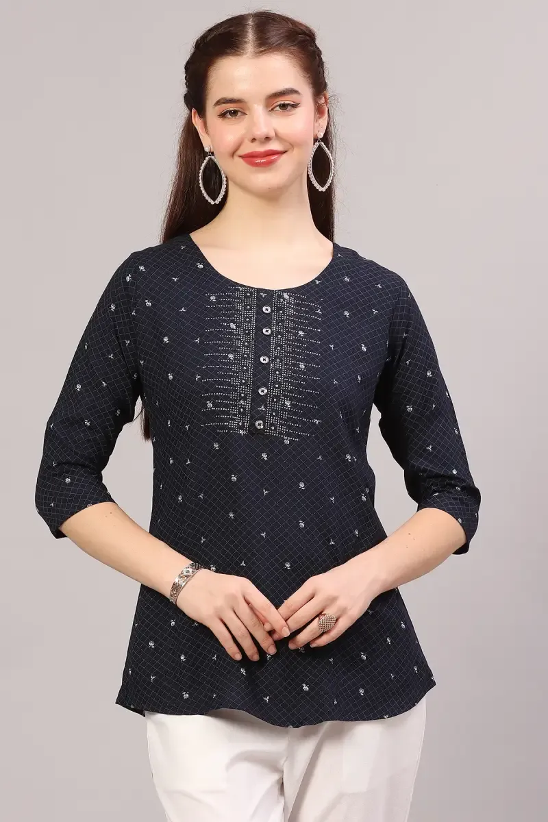 Rayon Embroidered Longline Top for Women 019122LNAVBLU