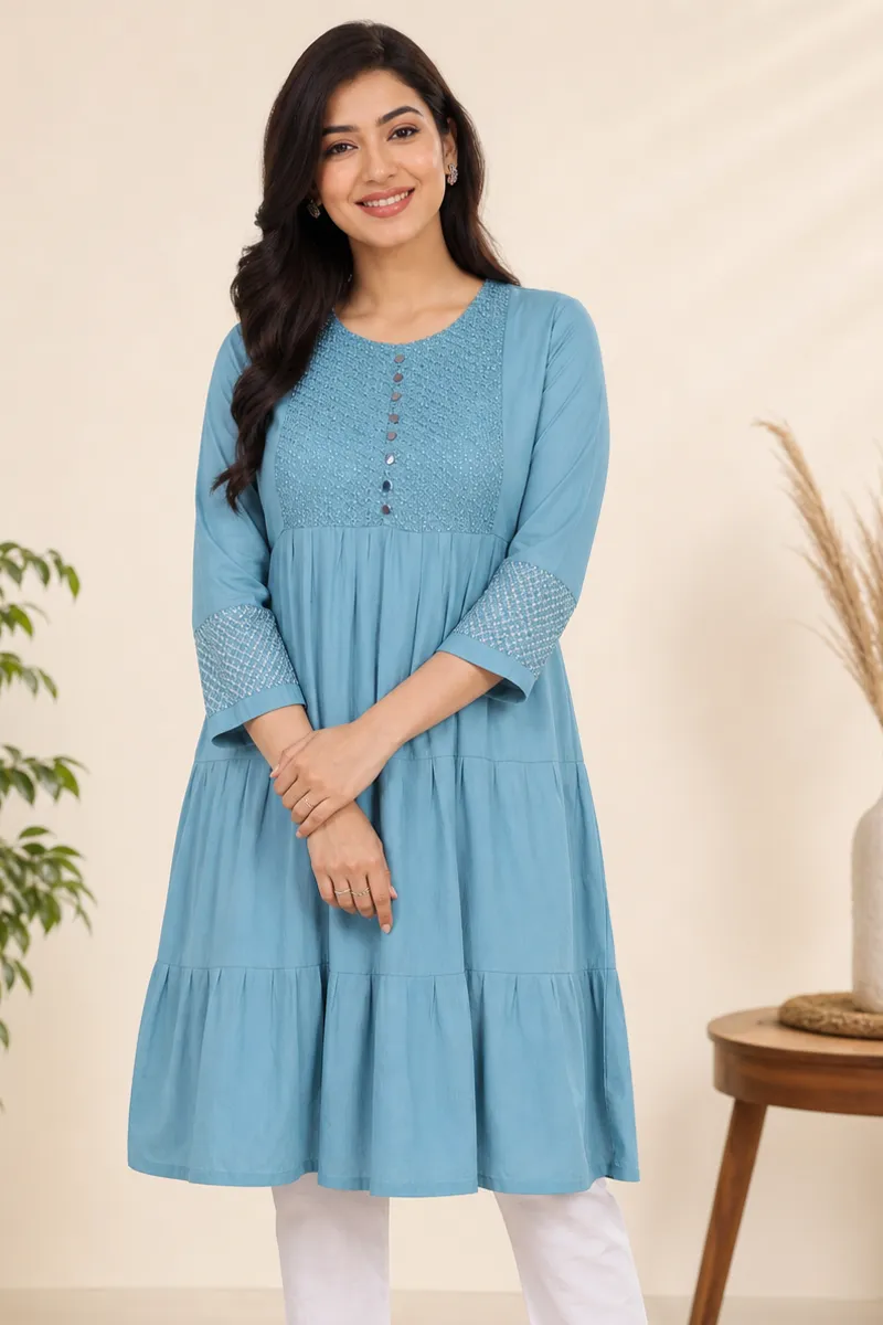Cotton Blend Solid Kurti for Women 01914332GRE