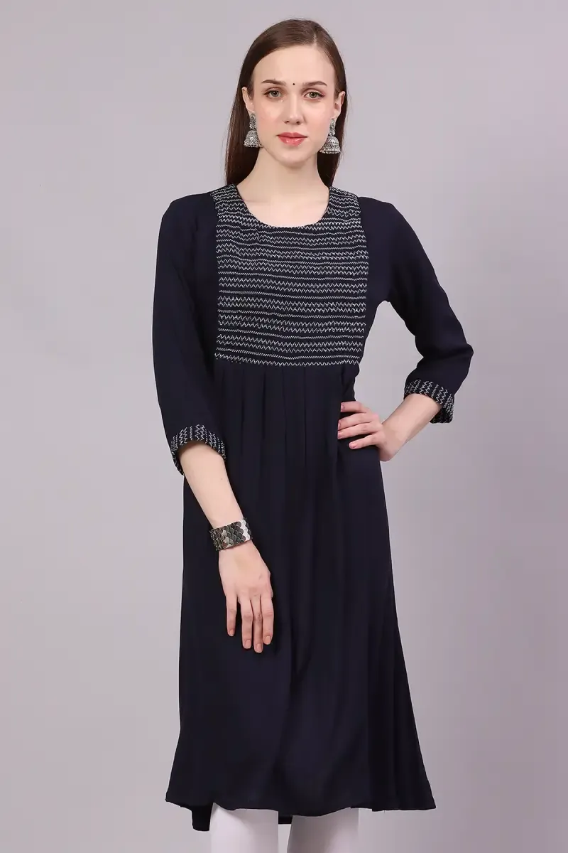 Cotton Blend Embroidered Maternity Kurti for Women 019144LNAVBLU