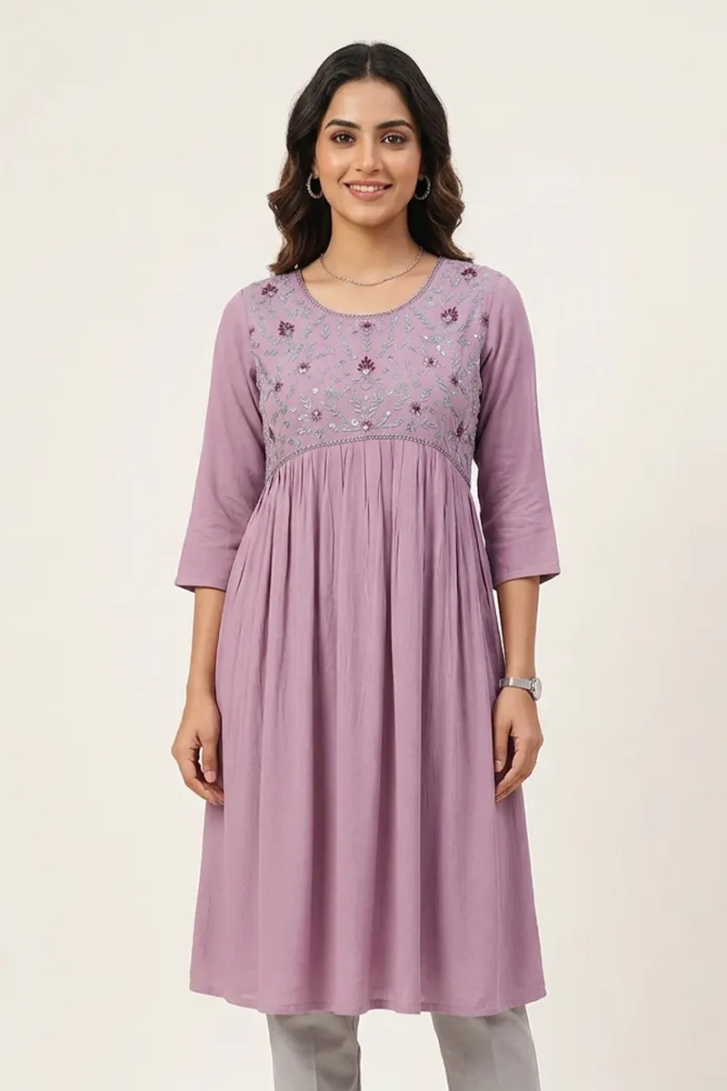 Cotton Blend Floral Embroidery Kurti for Women 019146XXLMAU