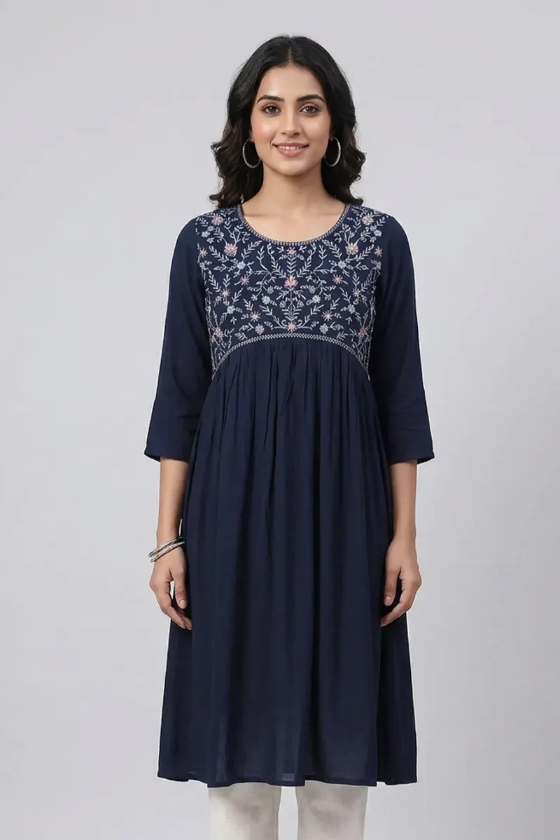 Cotton Blend Floral Embroidery Kurti for Women 019146LNAVBLU