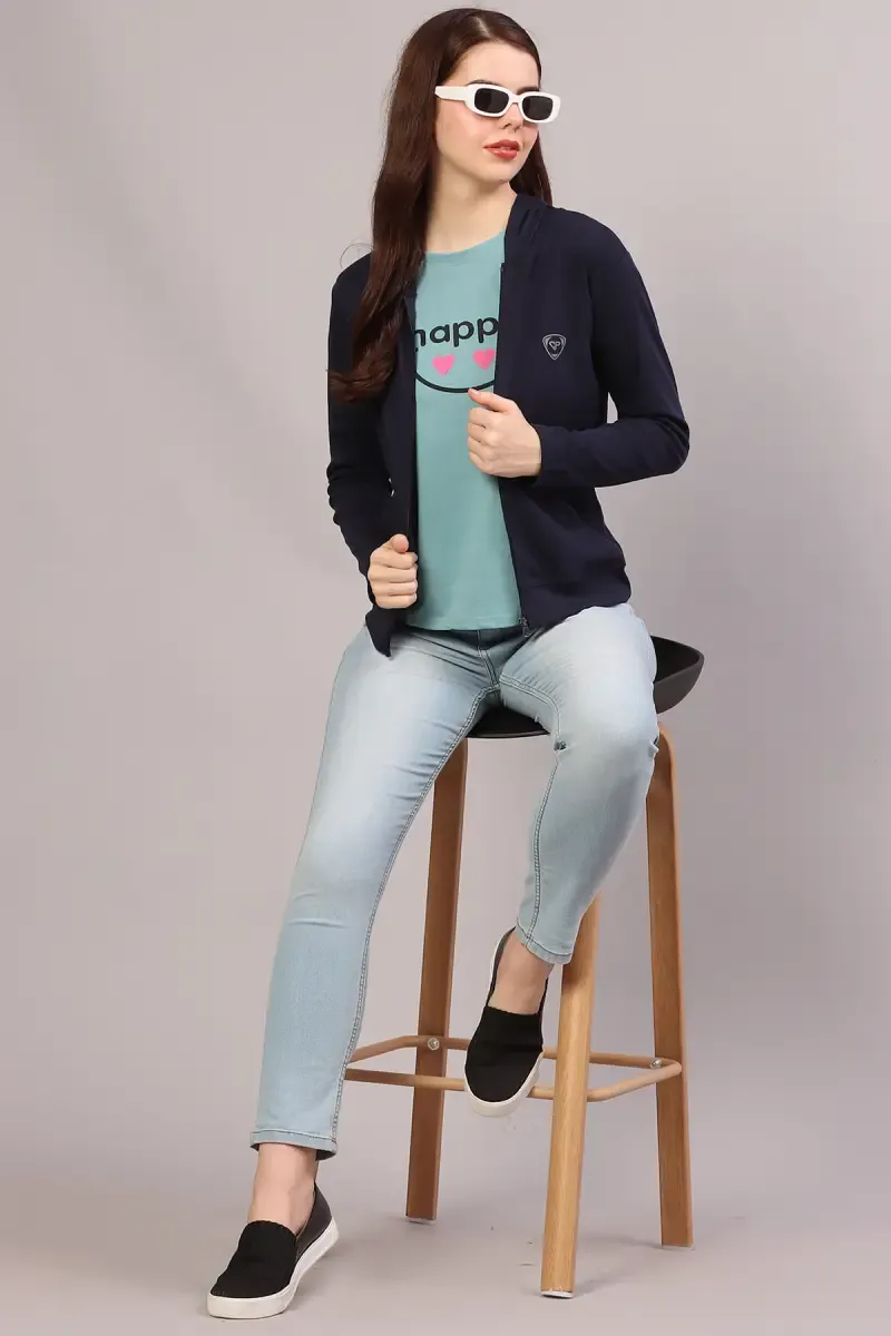 Cotton Solid Hooded Neck Sweat Shirt for Women 019223NAVBLUL