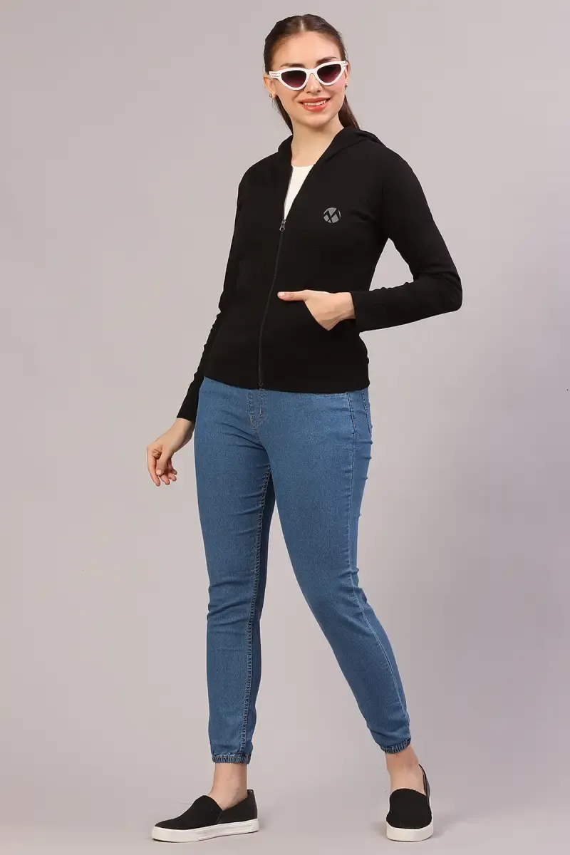 Cotton Solid Hooded Neck Sweat Shirt for Women 019226BLAL