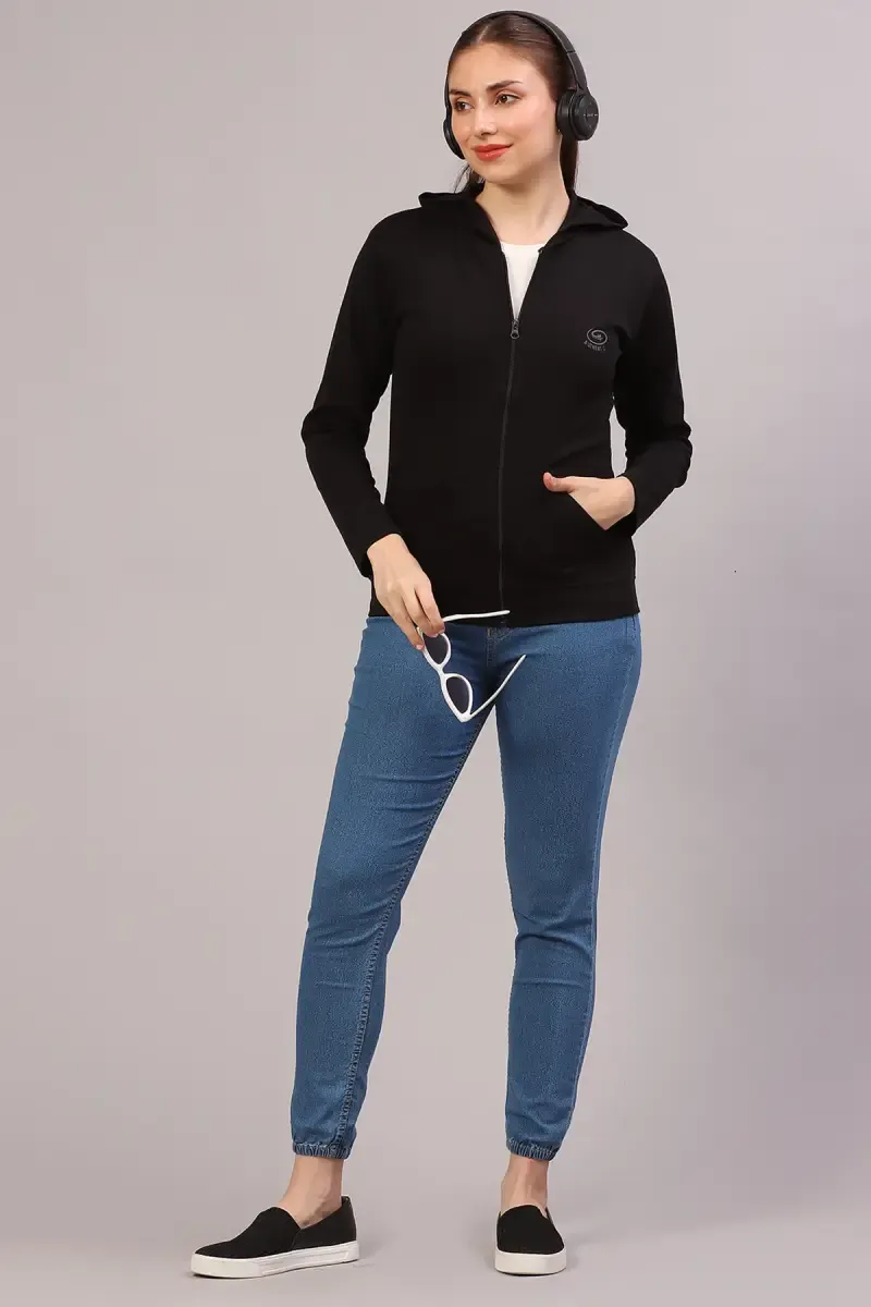 Cotton Solid Hooded Neck Sweat Shirt for Women 019227BLAXL