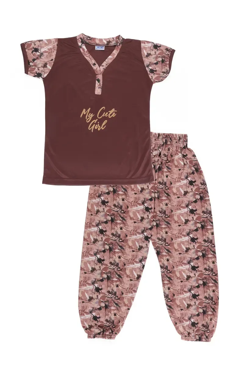 Polyester Printed Pyjama Set for Girls 019504BRO1314YRS