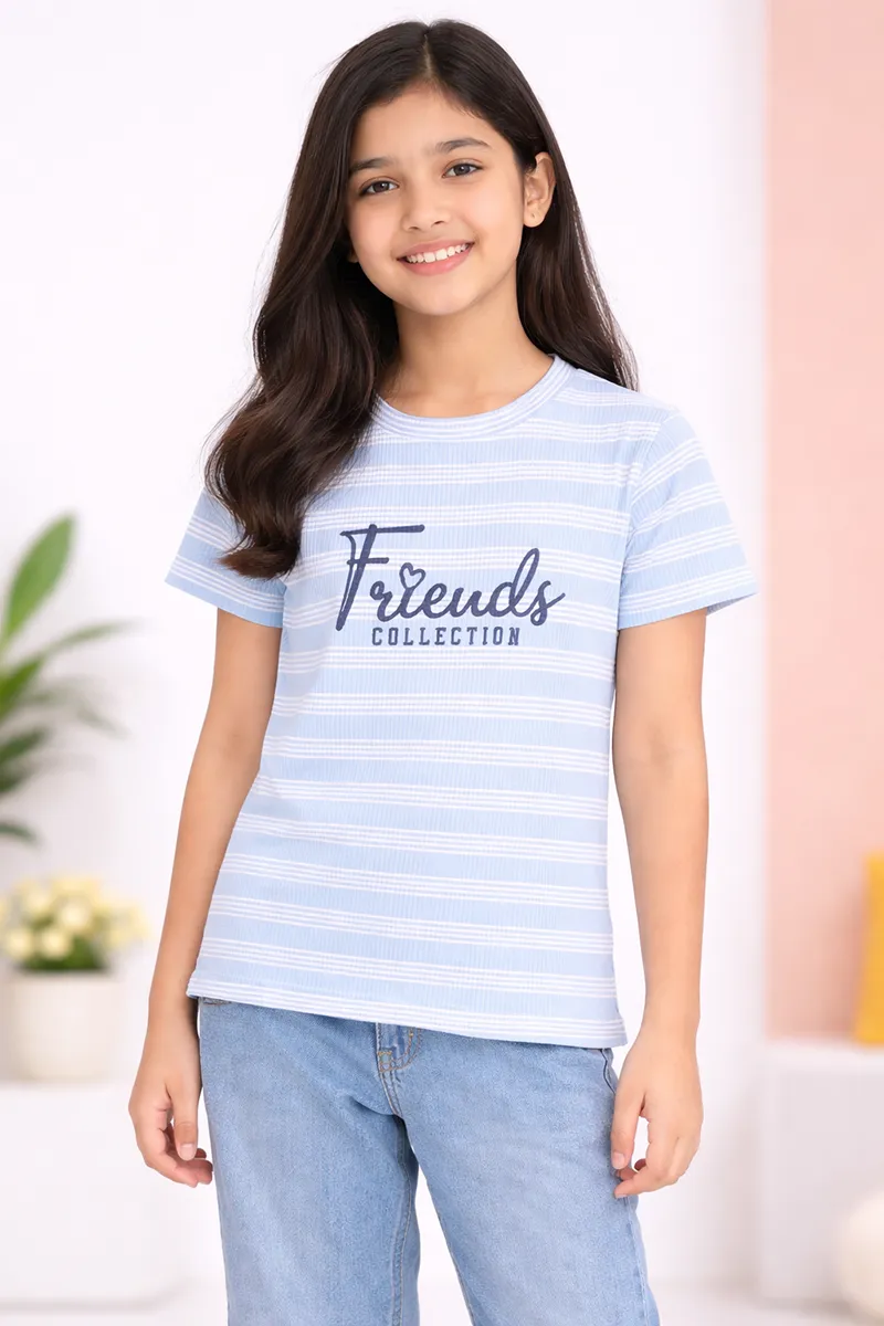 Lycra Striped Round Neck T-Shirt for Girls 01953378YRSBLU