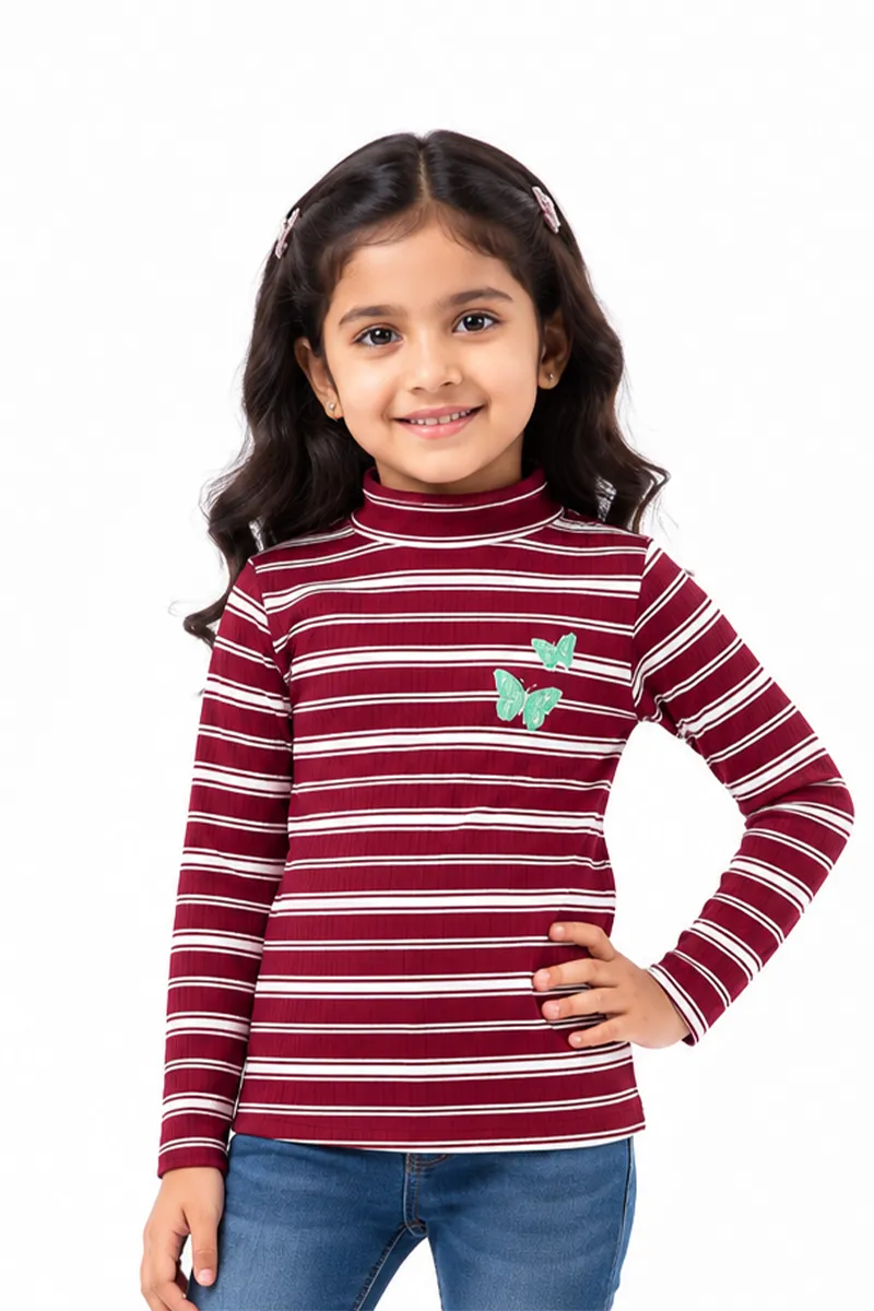 Girl's Lycra Striped Full Sleeve T-Shirt 019540910YRSMAR