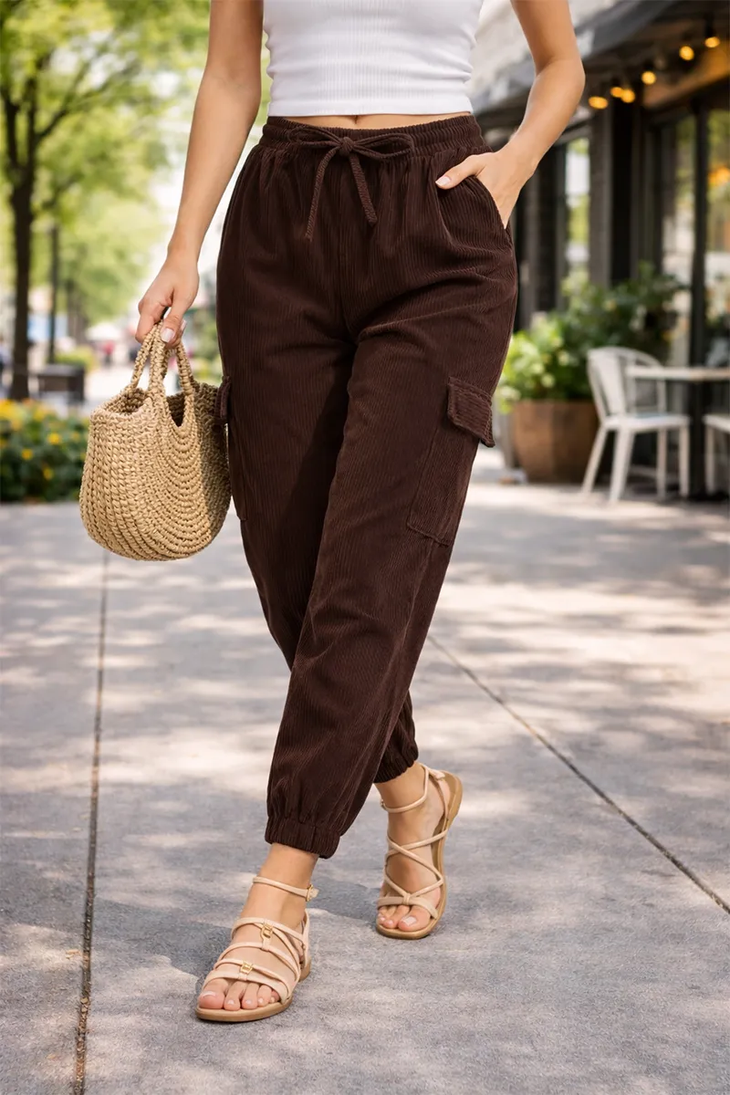 Corduroy Solid Joggers for Women 01975230BRO
