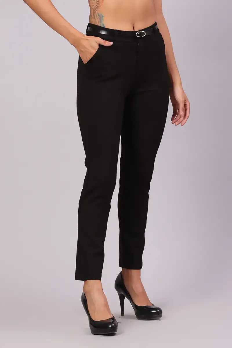 Lycra Solid Pant with Belt for Women 01976834BLA