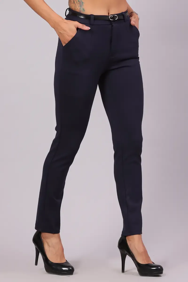 Lycra Solid Pant with Belt for Women 01976830NAVBLU