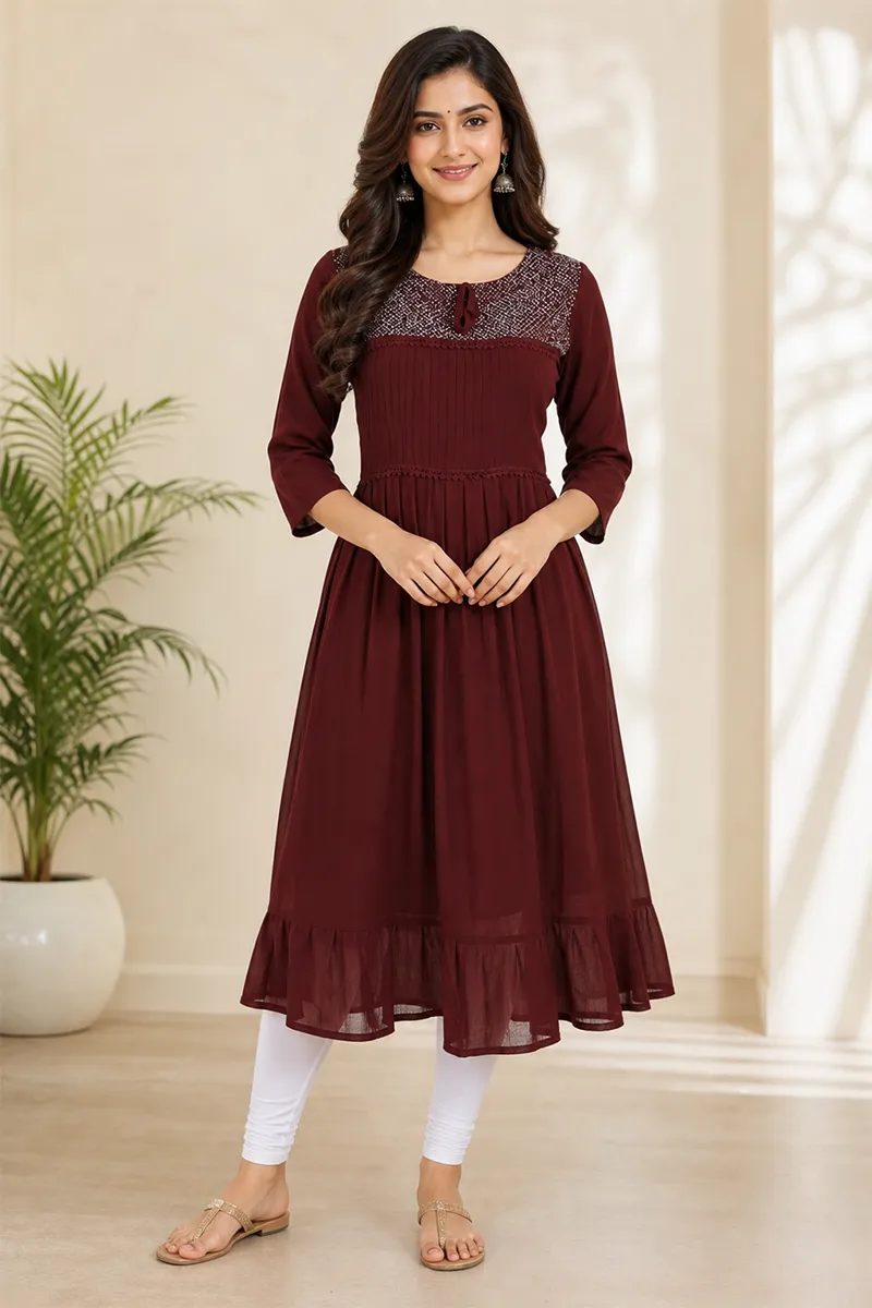 Cotton Blend Solid Kurti for Women 019802XLBRO