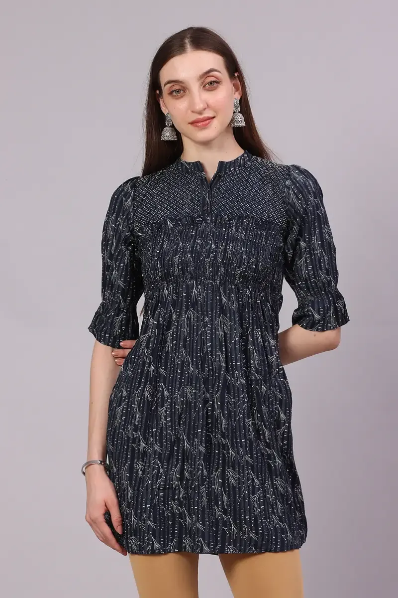 Cotton Blend Printed Western Wear Top for Women 01981032NAVBLU