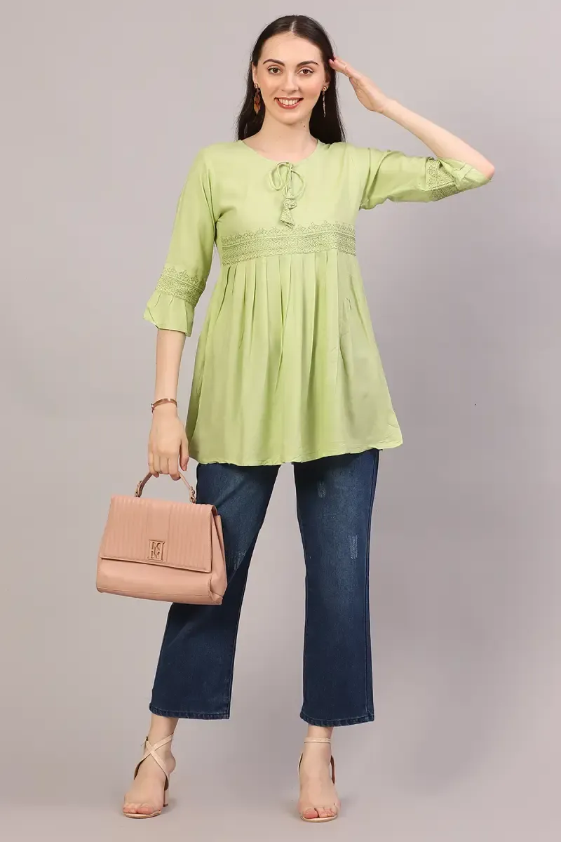 Rayon Solid Pleated Tops for Women  019814GREM2