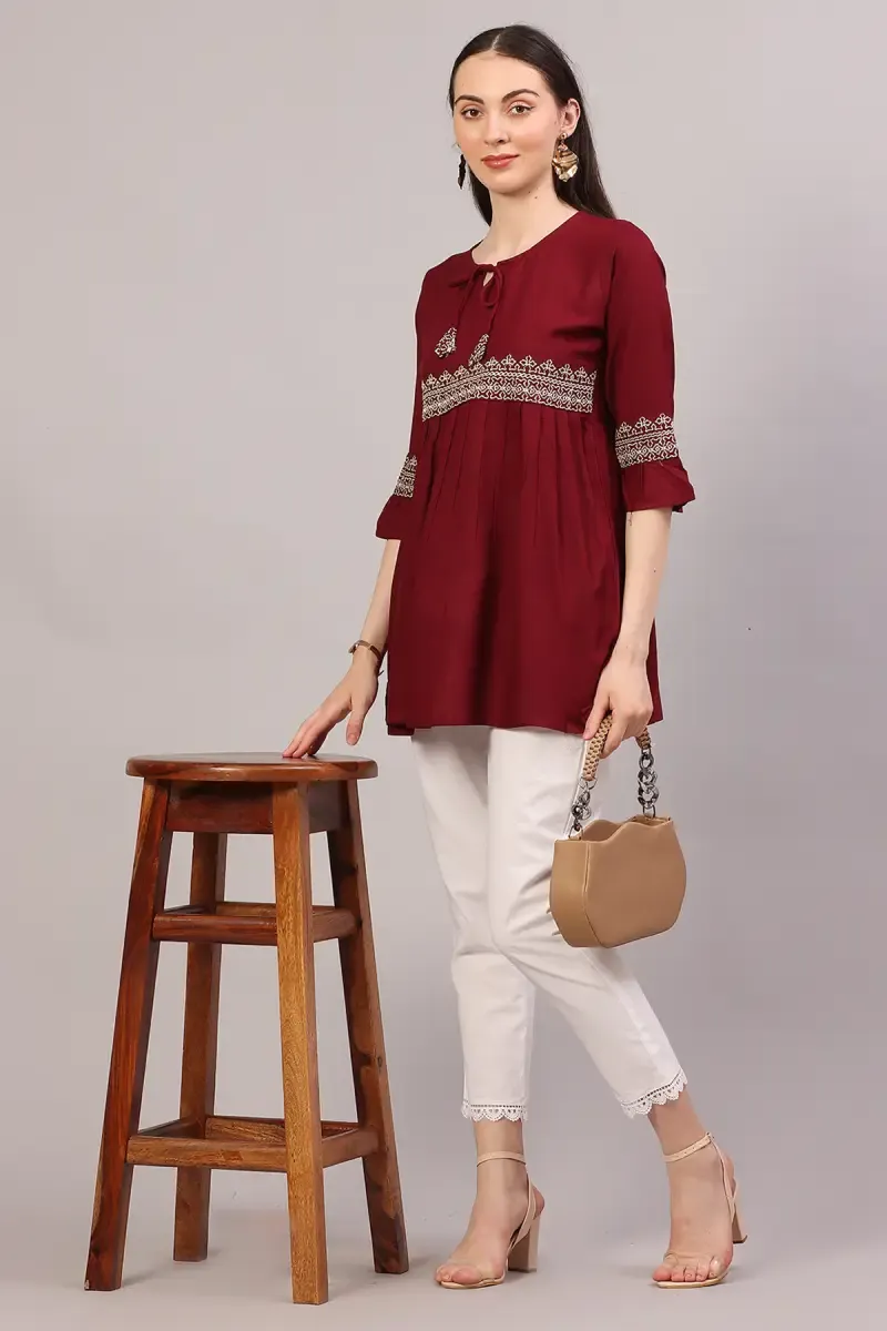 Rayon Solid Pleated Tops for Women  019814MARXL