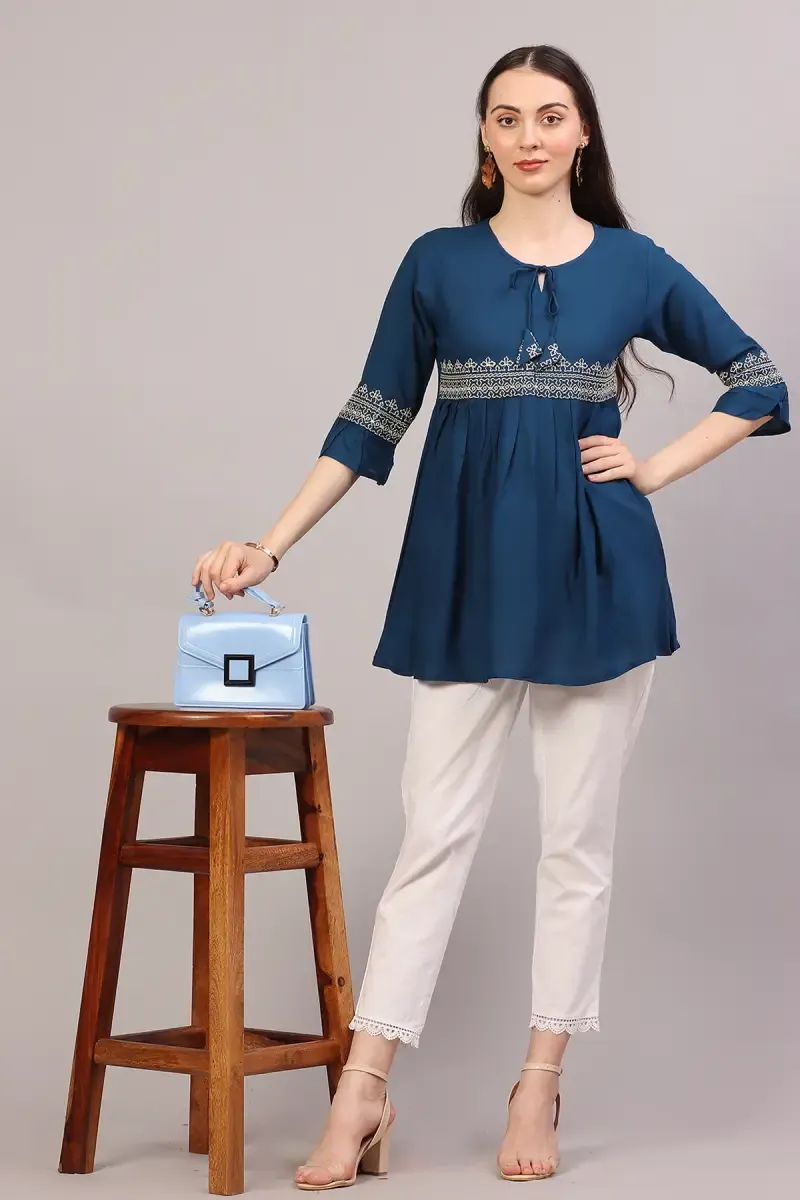 Rayon Solid Pleated Tops for Women  019814TEAL