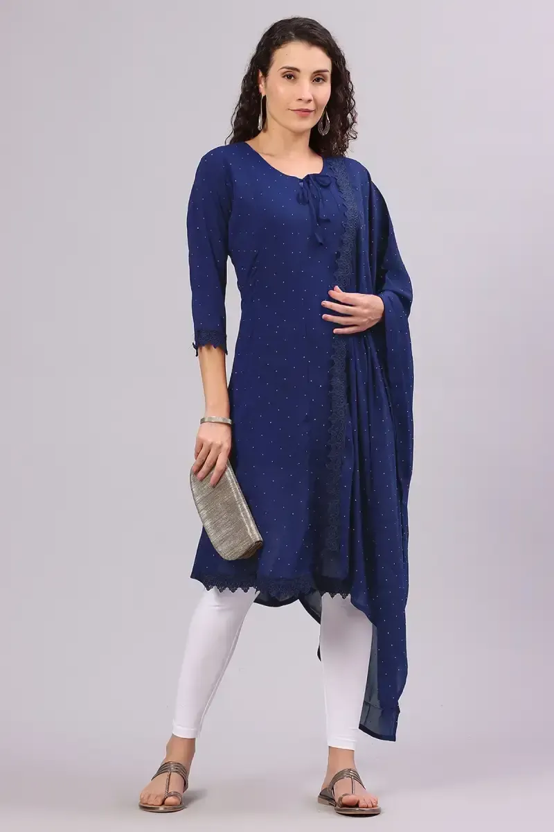 Georgette Solid Kurti with Dupatta Set for Women 019839XXLNAVBLU