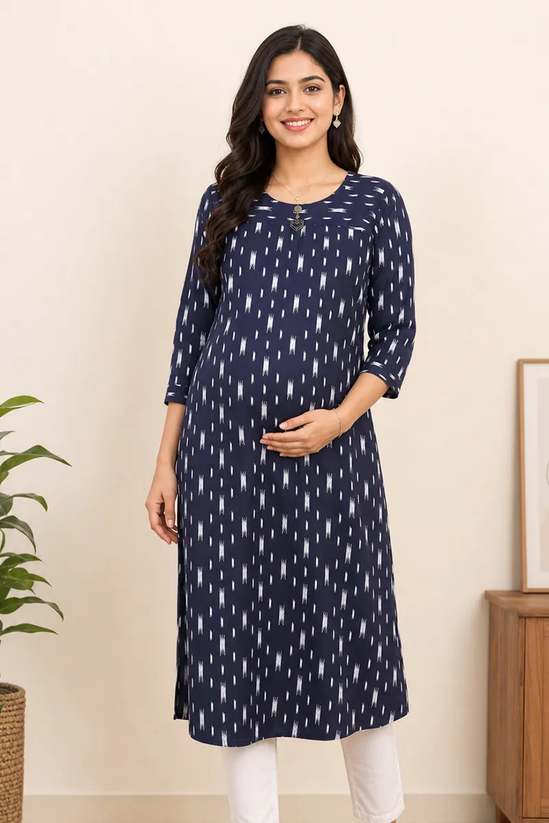 Cotton Blend Abstract Printed Maternity Kurti for Women 019841XXLNAVBLU